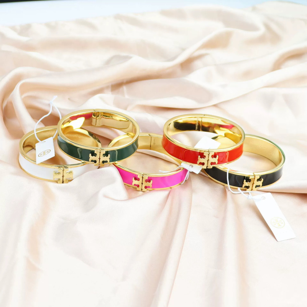 Tory Burch Gold Plated Copper Enamel Micro Logo Open Classic Colorful Bracelet